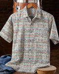 Beige Multi Thin Line Grid Collared Short Sleeve Shirt