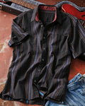 Men's Black Multi Striped Short Sleeve Button-Up Shirt